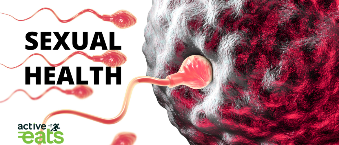 Image showing a healthy sperm going towards the ovum egg with written text "Sexual Health"