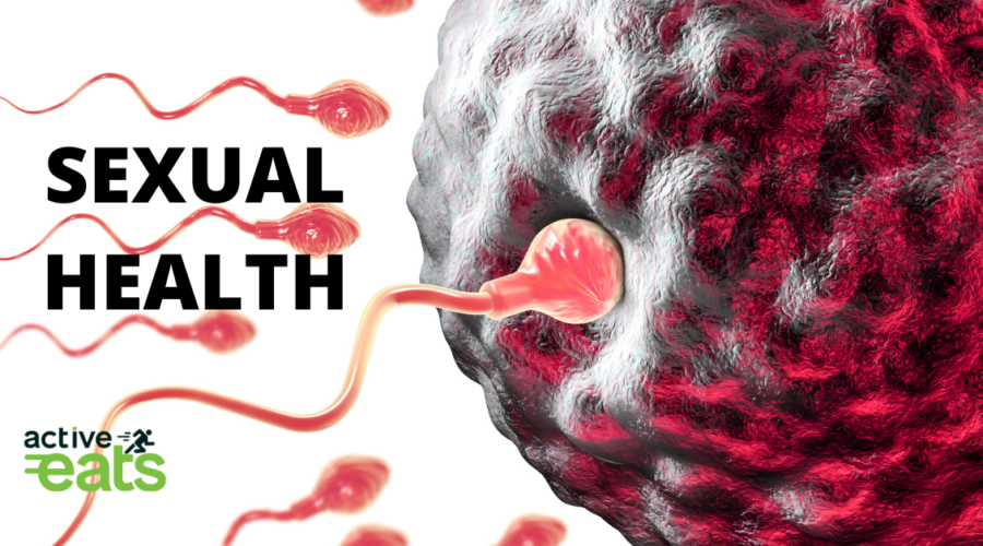 Image showing a healthy sperm going towards the ovum egg with written text "Sexual Health"