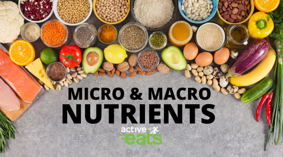 image showing various fruits, cereals, pulses, seeds and eggs with text "Macro and micro nutrients"