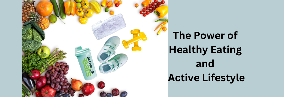 Picture shows lots of healthy fruits and veegtables representing healthy eating habits and dumbells, running shoes and face towel representing active lifestyle.