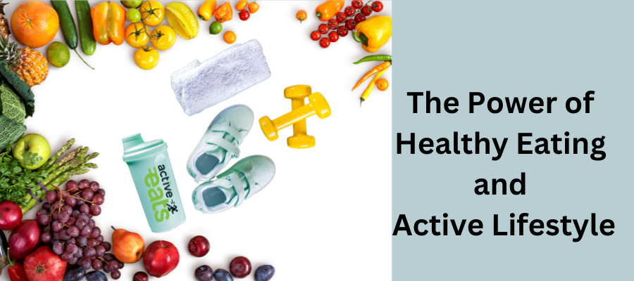 Picture shows lots of healthy fruits and veegtables representing healthy eating habits and dumbells, running shoes and face towel representing active lifestyle.