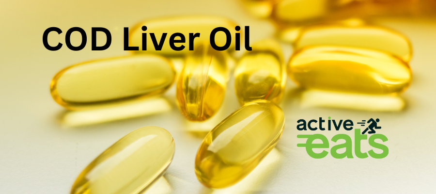 Image shows cod liver oil tablets on a table with text "coid liver oil benefits" written next to it.