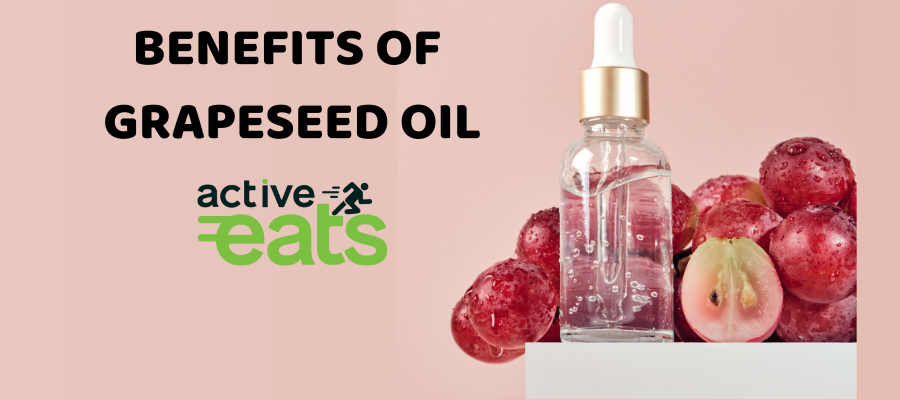 Picture shows grapeseed and the grapeseed oil next to it with text written {"benefits of grapeseed oil"