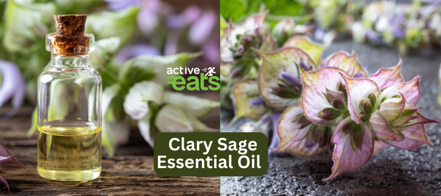 picture shows clary sage essential oil with clary sage flowers indicating the Benefits of Clary Sage Essential Oil